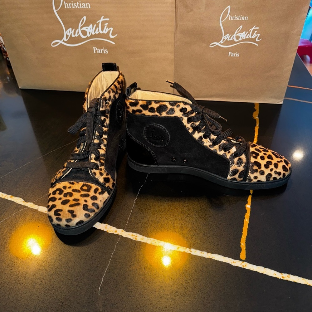 Authentic Christian Louboutin leopard pony hair, high top sneakers